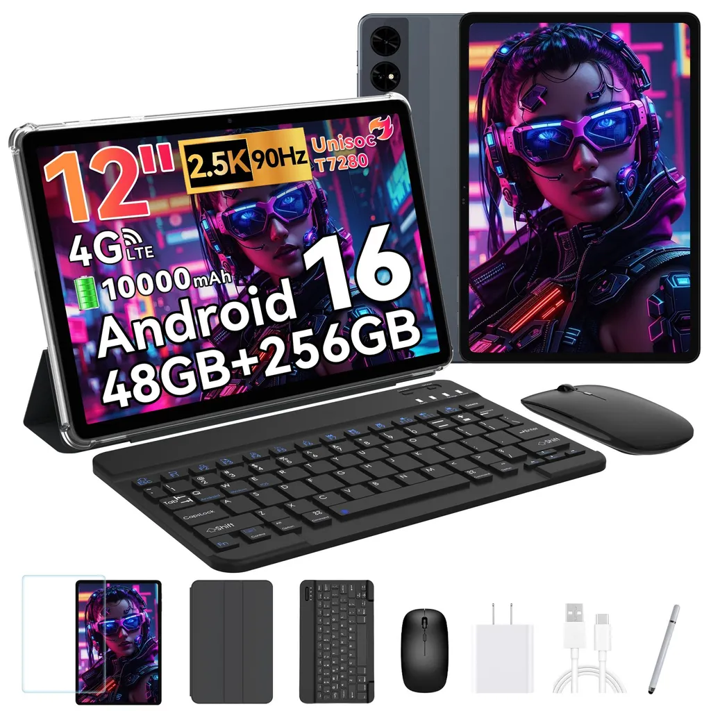 Tablette Tactile 12,2 pouces avec Clavier et Souris Android 16 Noir