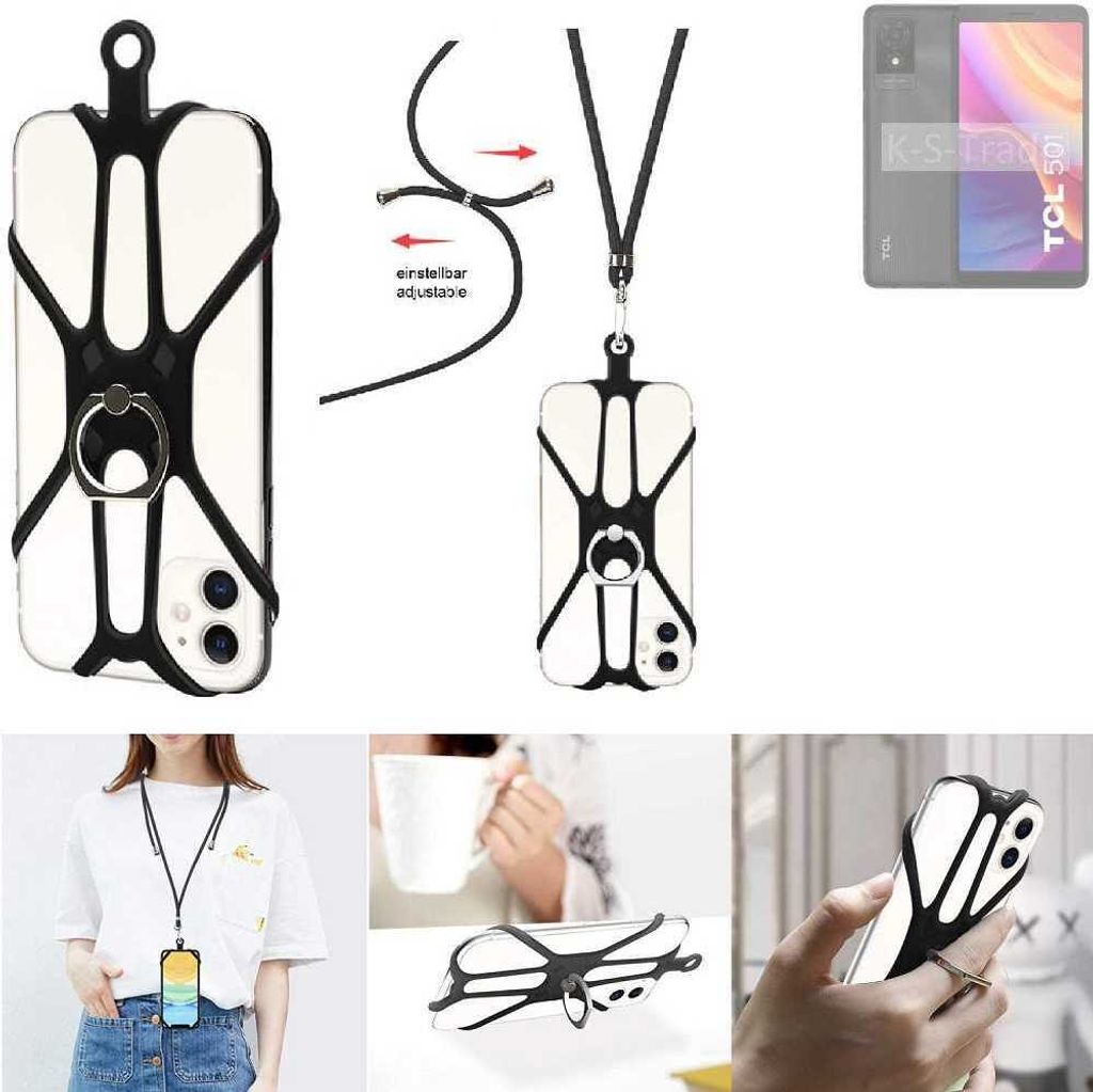 K-S-Trade 3in1 Handykette Handyband Handykordel Halsband Smartphone-Ring Handy-Ring kompatibel mit TCL 501 Fingerhalterung Handyring Tischständer