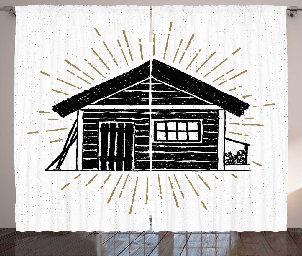 ABAKUHAUS Blockhaus Rustikaler Gardine, Grunge Skizze der Kabine, Wohnzimmer Universalband Gardinen mit Schlaufen und Haken, 280 x 225 cm, Weiß un...