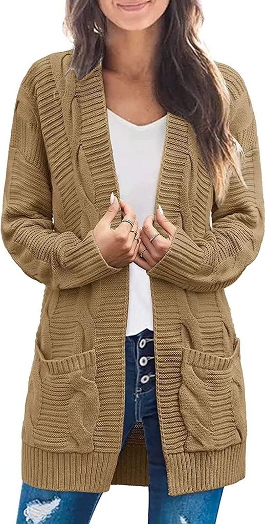 ASKSA Damen Langarm Strickjacke Mittellange Elegant Mantel Open Front Zopfstrick Sweater mit Taschen, Khaki, S
