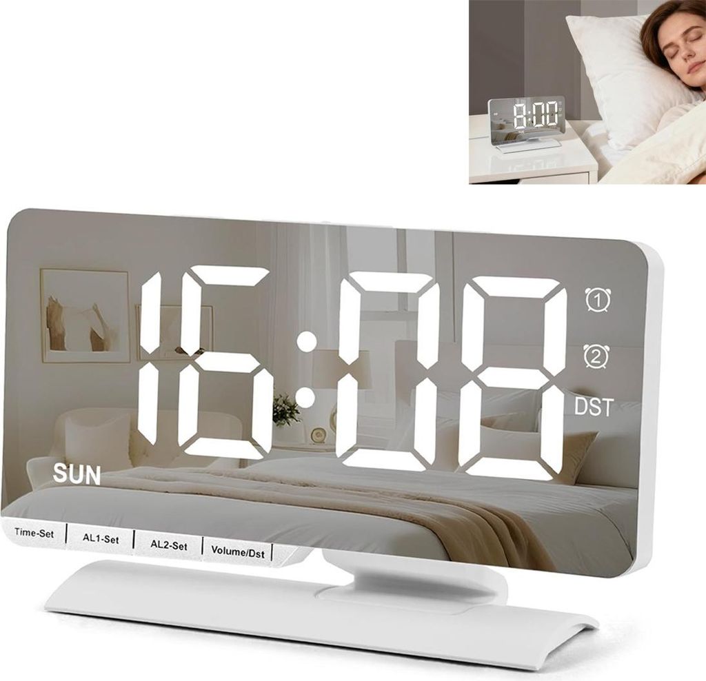 Wecker Digital, LED Digital Uhr, 7,3" Tischuhr mit Schlummerfunktion, Zwei Weckzeiten, Wochentagsanzeige, 6 Helligkeit, 5 Lautstärke, Spiegel Wecker