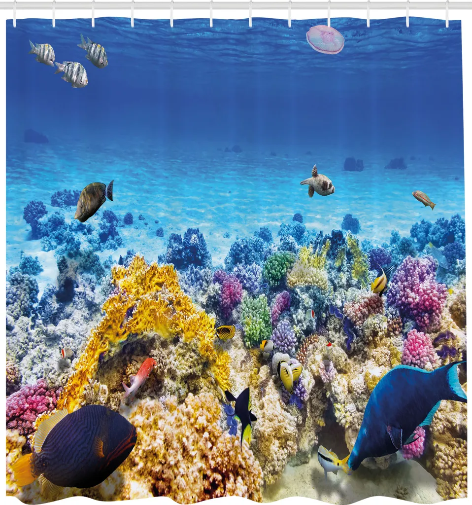 ABAKUHAUS Tenda da doccia con motivo a pesci, scena subacquea con pesci rossi, stelle marine e meduse, set decorativo per bagno in tessuto con ganci, 175x220 cm, turchese