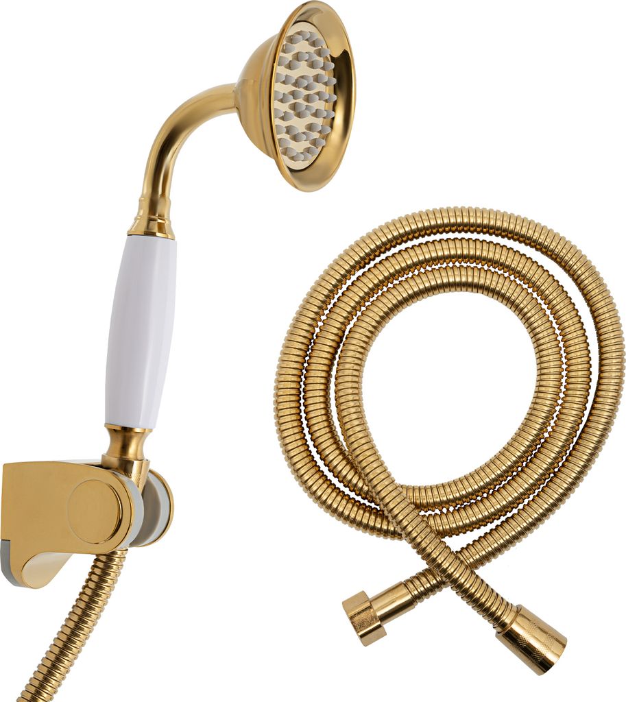 Duschkopf Handbrause 1/2 Zoll Gold mit Schlauch und Produktbild 