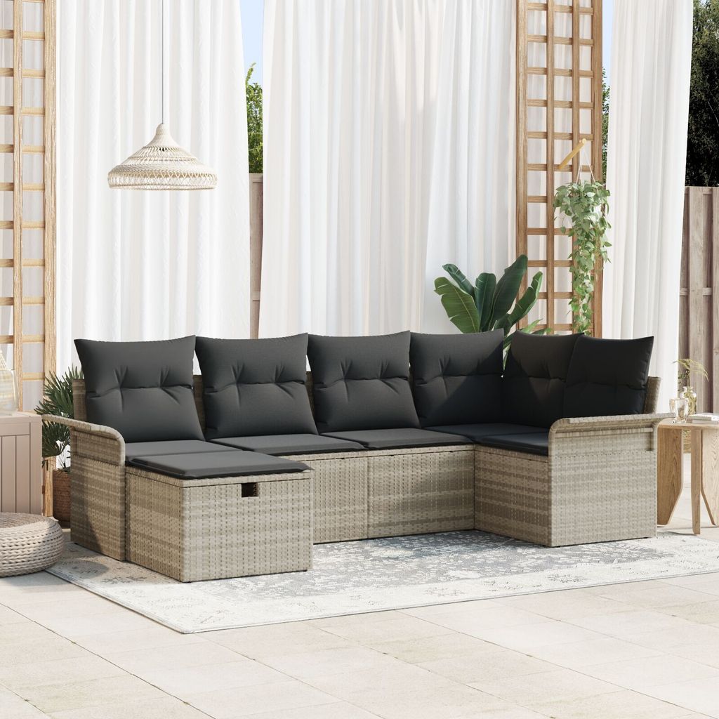 Möbel-Stil 6-teiliges Garten Sofa Set mit Kissen Hellgrau Poly Rattan, 2-Sitzer Garten Sofa mit Stauraum & Kissen Hellgrau Poly Rattan - Gartensof...