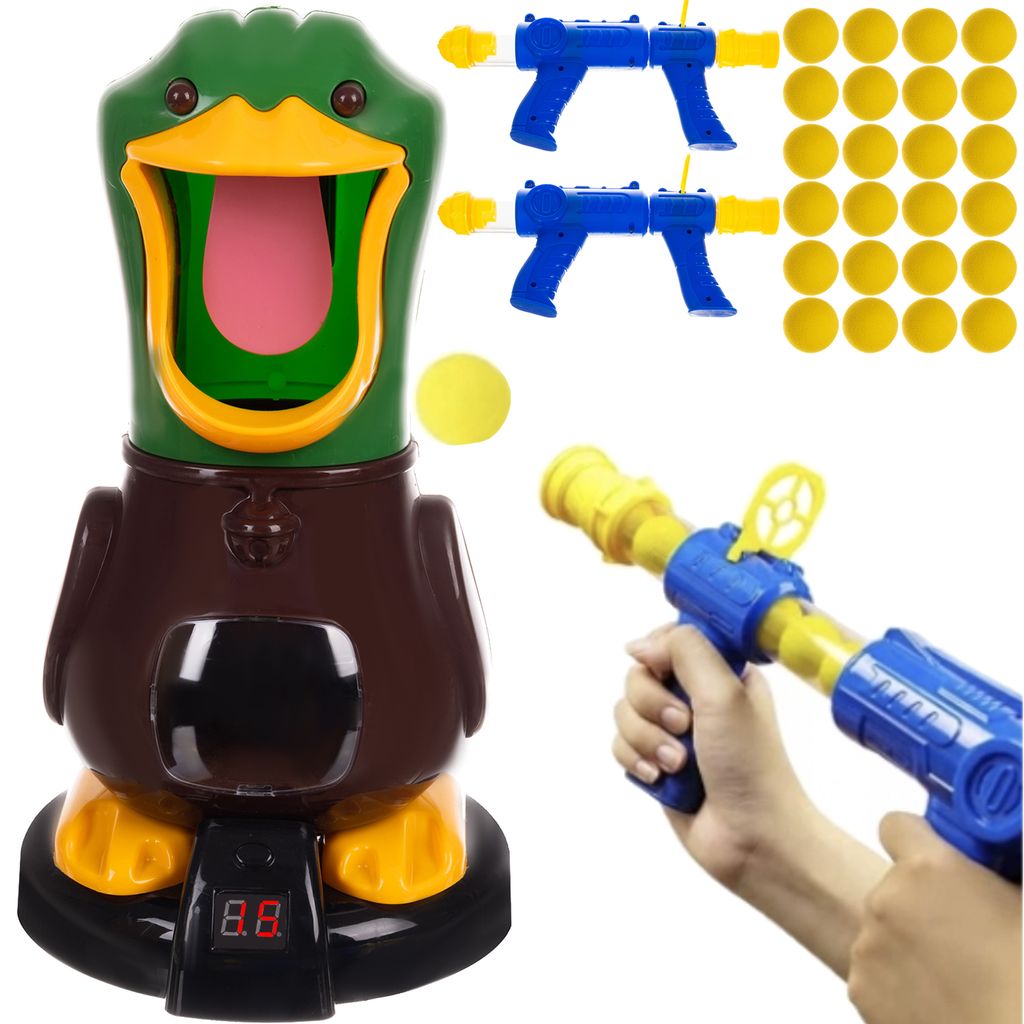 A toy duck shooting game with two toy guns and foam balls.