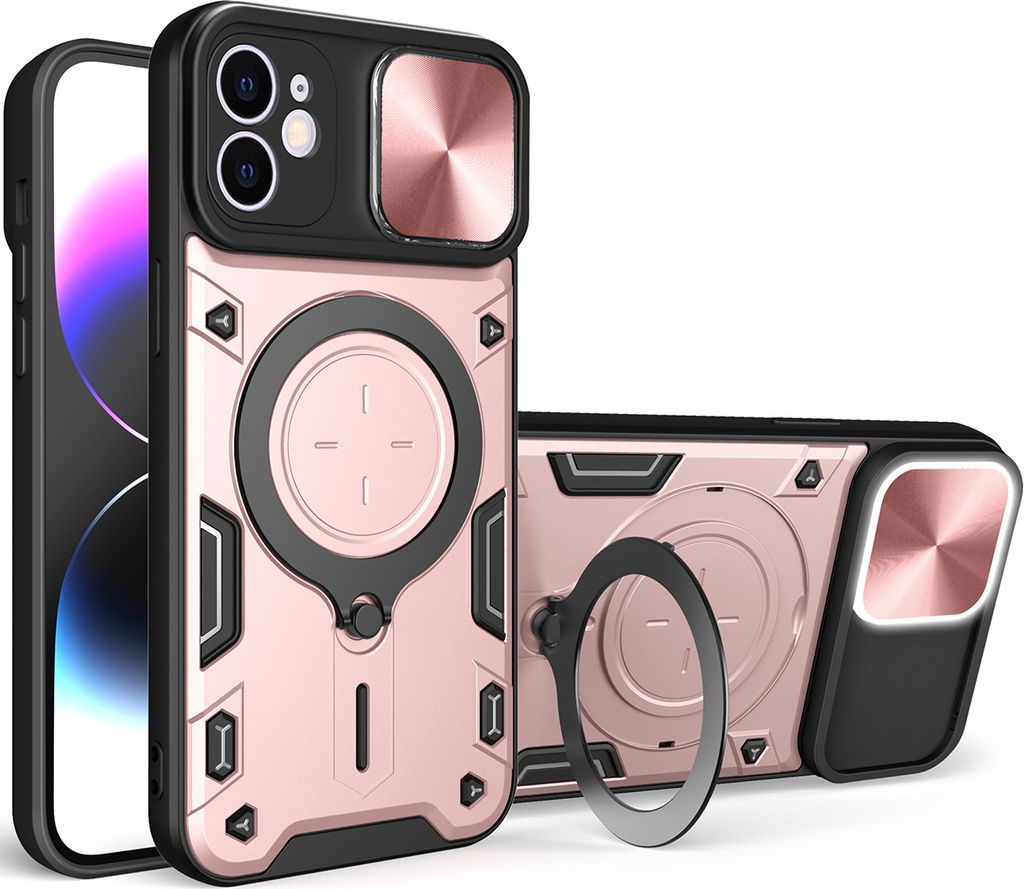 Handyhülle für iPhone 12 Dual-Layer Stoßfest Rüstung Hülle mit Dia Kameraschutz und Kreisförmig Ring Ständer Roségold