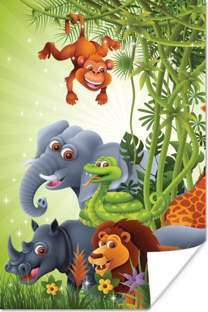 MuchoWow Poster Dschungeltiere - Pflanzen - Kinder - Elefant - Giraffe - Löwe 80x120 cm - Papierdruck