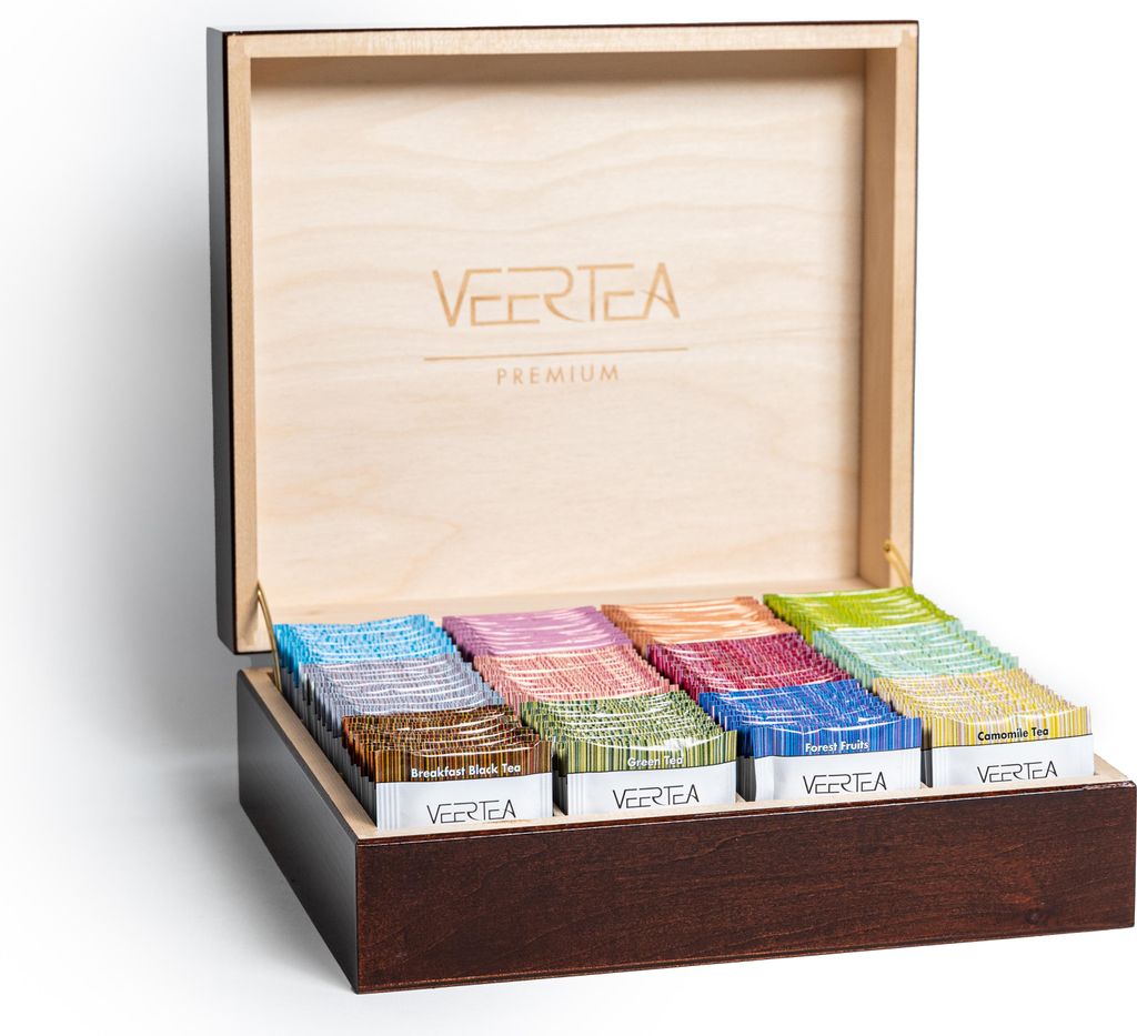 Veertea Tee - Teebox - Tee Geschenkset - Tea Set - Sorgfältig Ausgewählte Sorten - Box Holz - Teemischung - 12 Geschmacksorten, 180 Beutel - Braun