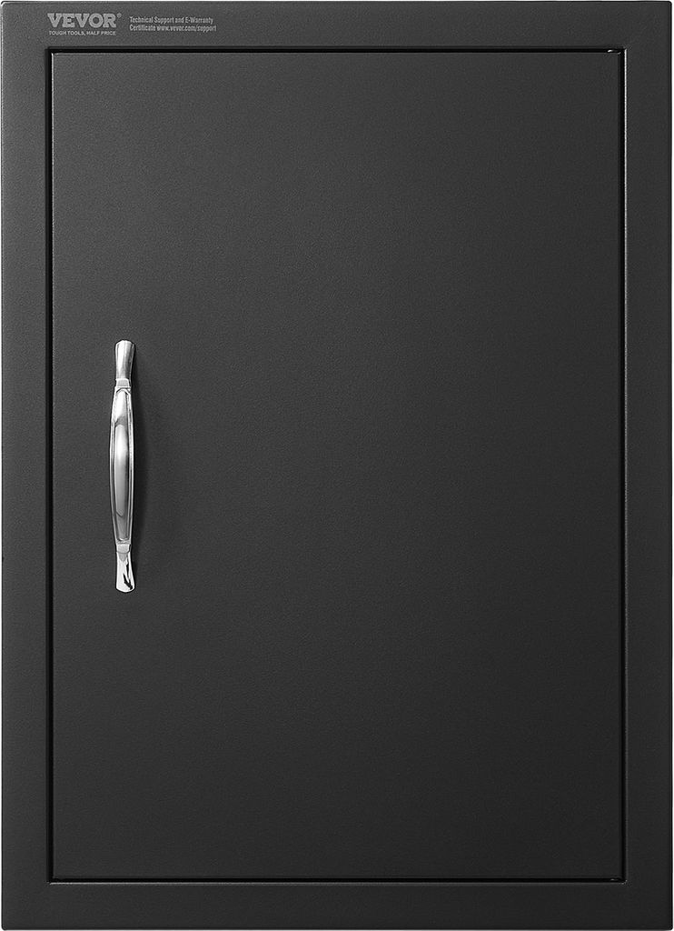 A black grill access door with a silver handle.