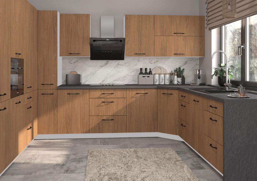 U-Form Küchenzeile CASELLA Einbauküche Holzoptik Farbe & Ausführung wählbar HETTICH InnoTech Atira Vollauszug Casella Eiche Natur braun grau