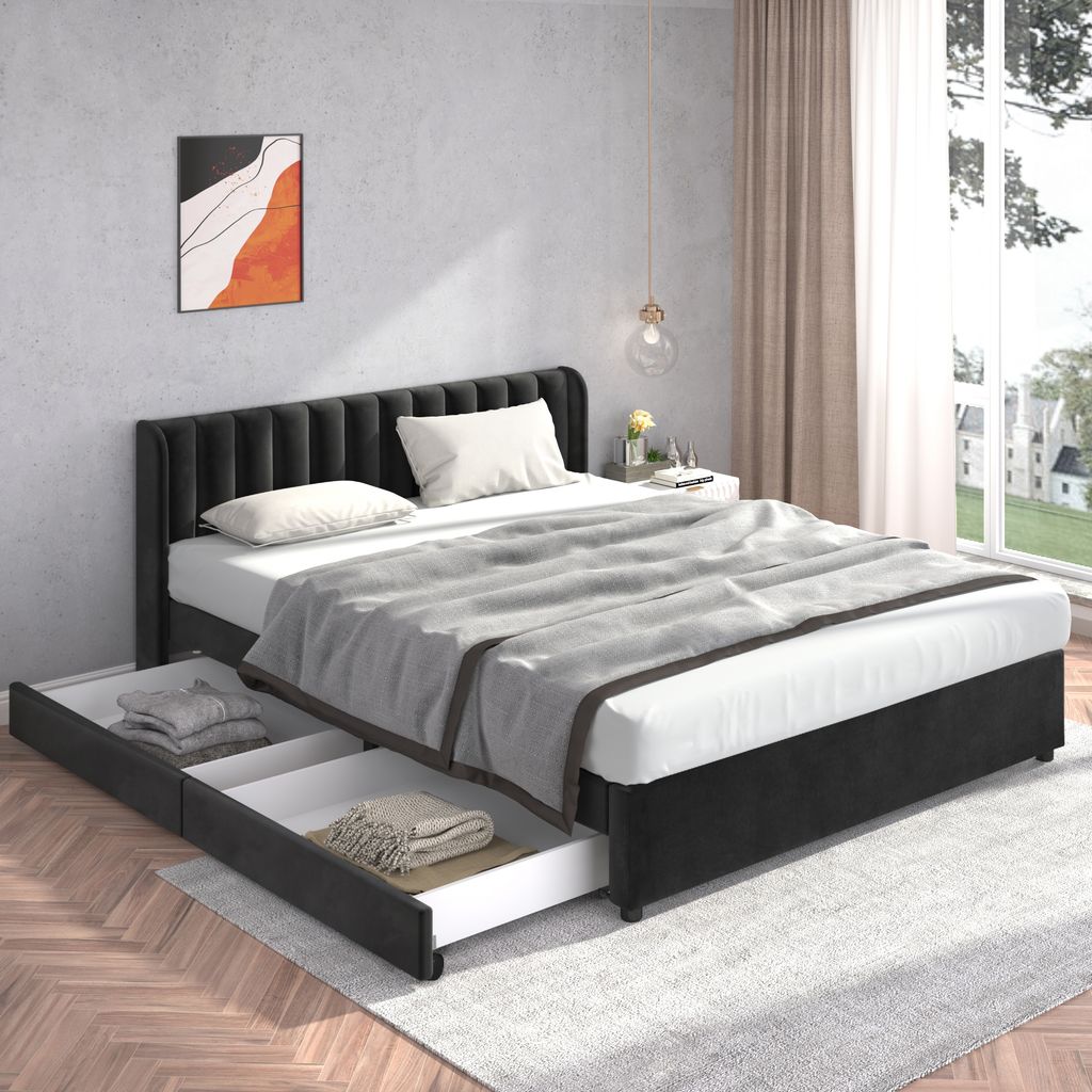 MODFU Polsterbett bett 180x200cm mit 2 Schubladen und Lattenrost Komfortables Kopfteil Samt, Schwarz(Ohne Matratze)