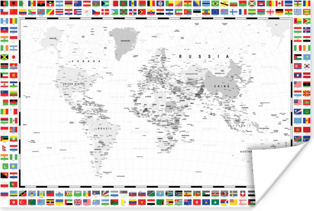MuchoWow Poster Weltkarte - Schwarz - Weiß - Flagge 120x80 cm - Bilder