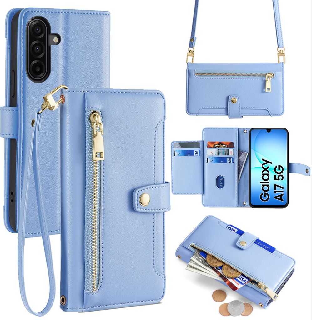 Handykette für Samsung Galaxy A17 Hülle mit Band Handyhülle Kartenfächer Kunstleder Umhängetasche in Hellblau