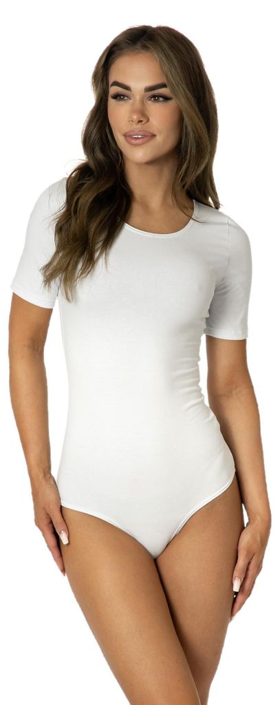 Alkato Damen Kurzarm Body Baumwolle Bodysuit mit Rundhalsausschnitt blickdicht, Farbe: Weiß, Größe: XL (Short 158-164 cm)