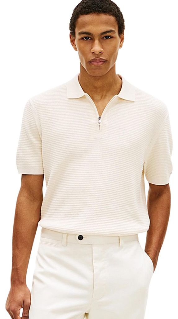 Cremefarbenes Poloshirt Tommy Hilfiger Reißverschluss Struktur
