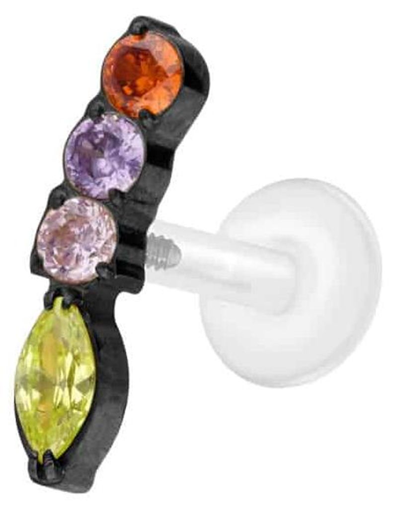 Ohrpiercing, Nasenpiercing PTFE Labret mit Innengewinde + Titan-Aufsatz BUNTER KRISTALLBOGEN Schwarz Stablänge: 5mm | Stabstärke: 1,2mm