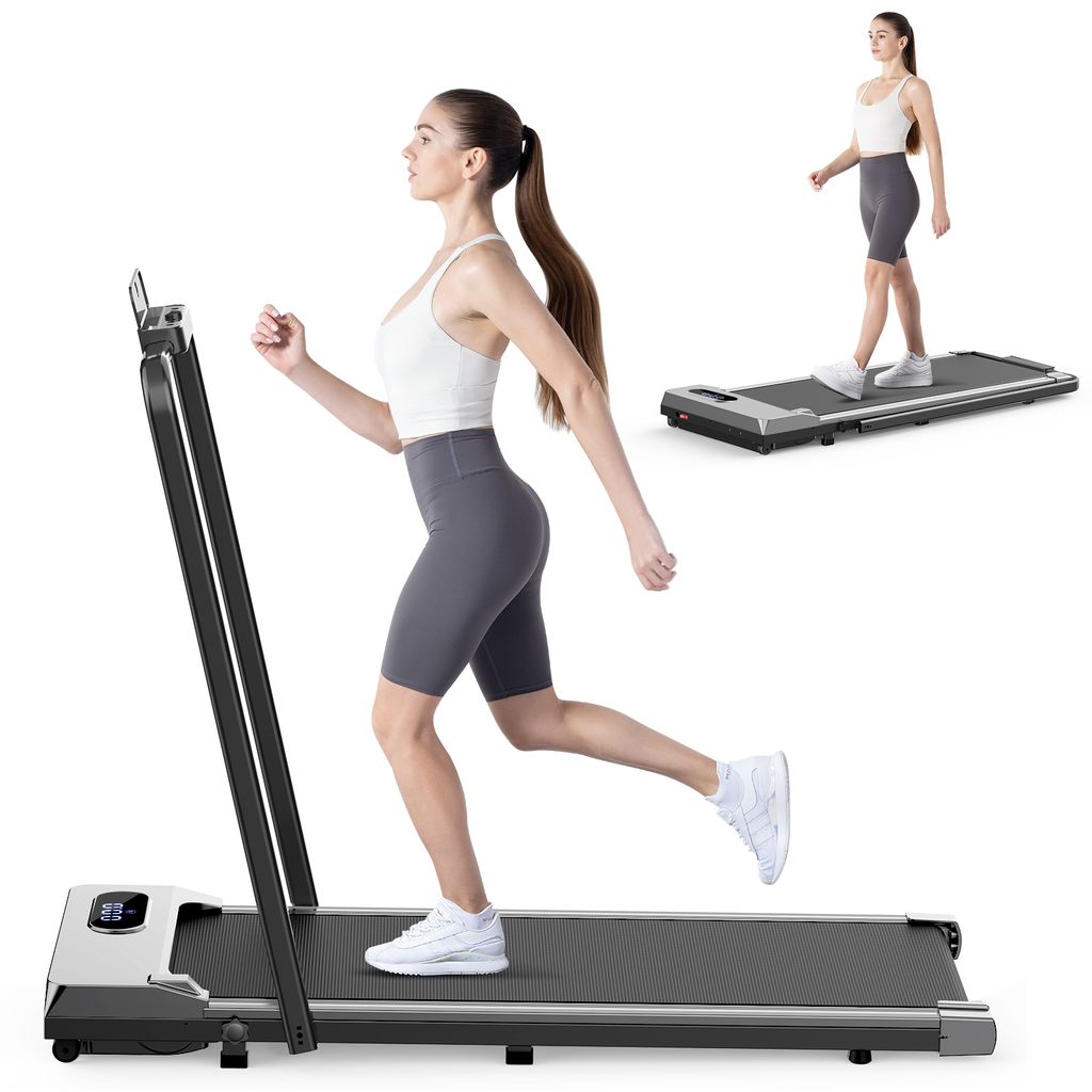 2-in-1-Klapp-Laufband - Bis zu 120KG - Laufband 1-8 km/h - Bürstenloser 2,5PS-Motor - Mit Armlehne und LED-Anzeige - Silber