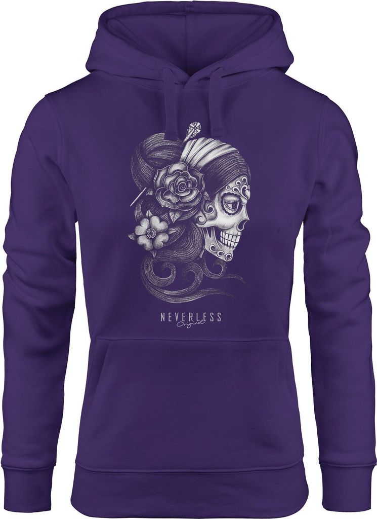 Hoodie Damen Santa Print Muerte La catrina Mexican Skull Dia de los Muertos Tattoo Design Kapuzen-Pullover Neverless lila L