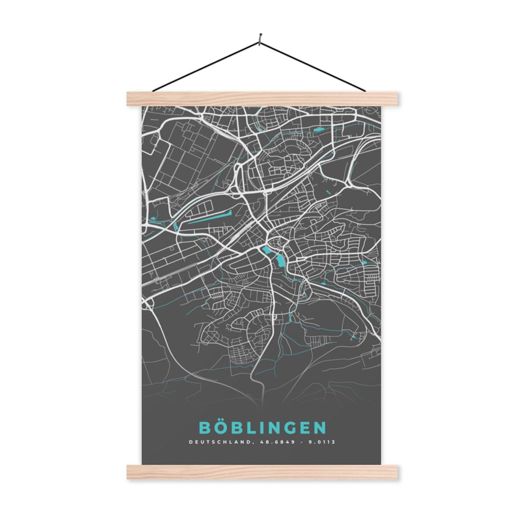 MuchoWow Textilposter Stadtplan - Karte von Deutschland - Blau - Böblingen - Karte 120x180 cm mit holzfarbenen Rahmen - Textil-Plakat
