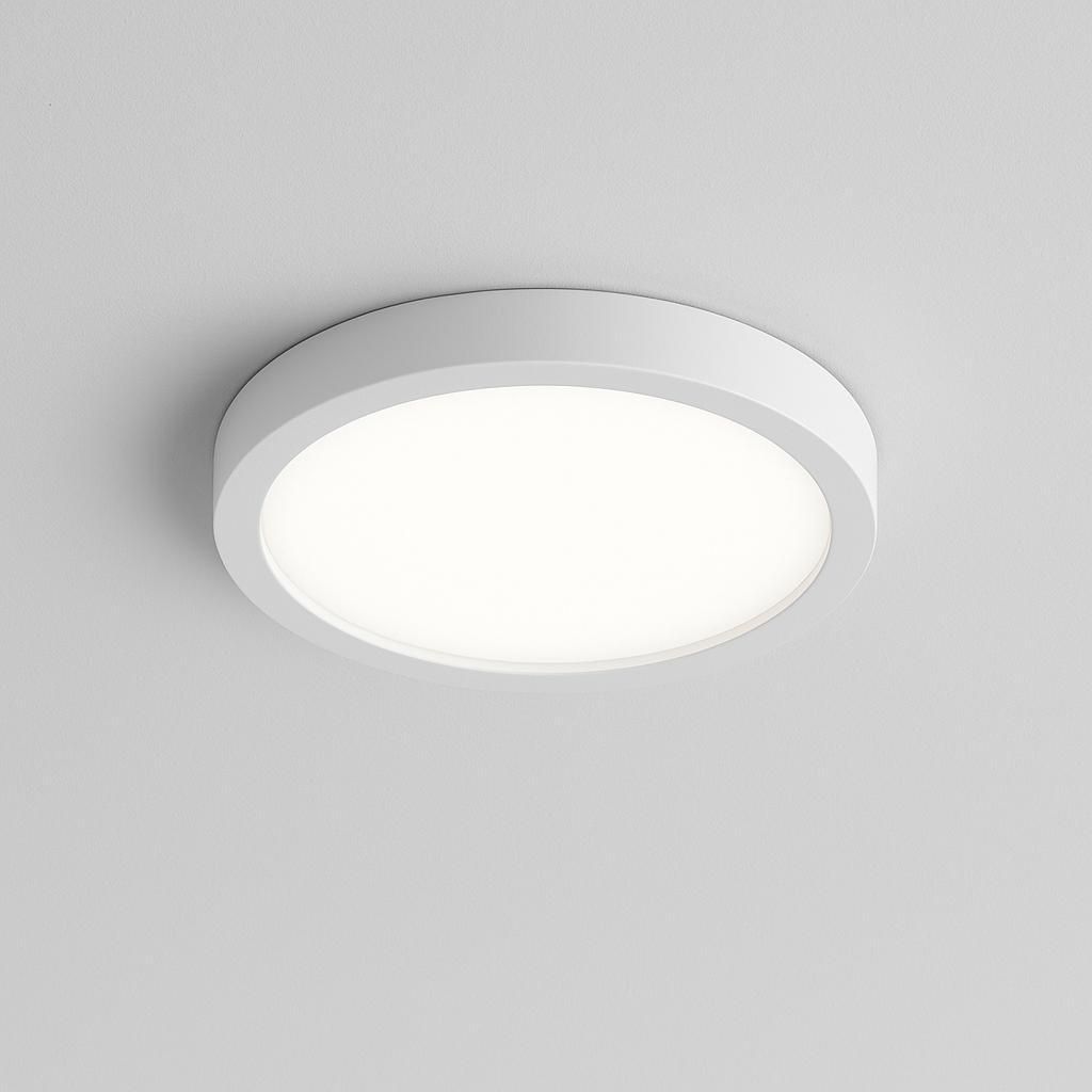 A white, round LED ceiling light is mounted on a light gray ceiling.