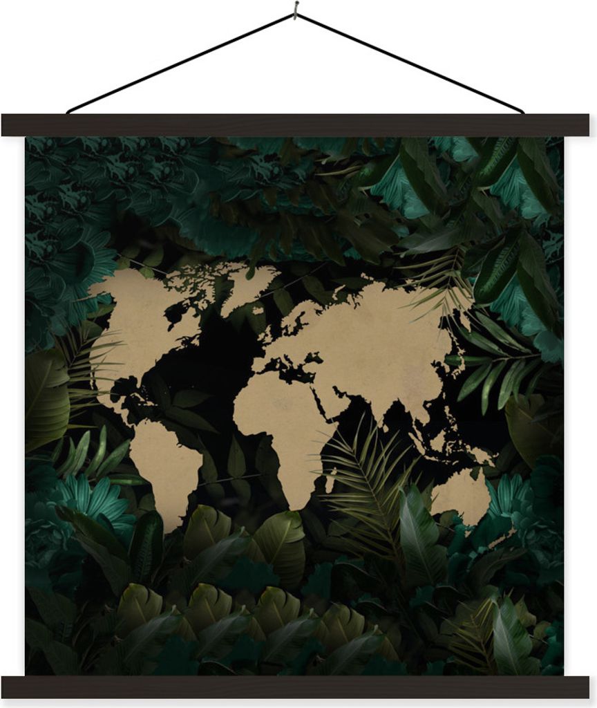 MuchoWow Textilposter Weltkarte - Braun - Blumen 60x60 cm mit schwarzem Rahmen - Posteraufhänger