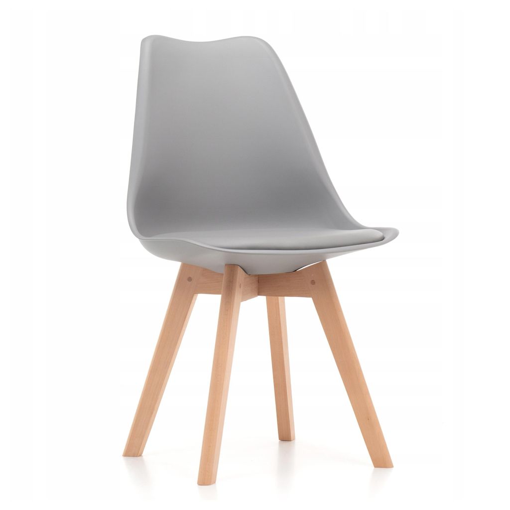 A gray tulip-style dining chair with wooden legs, shown on a white background.