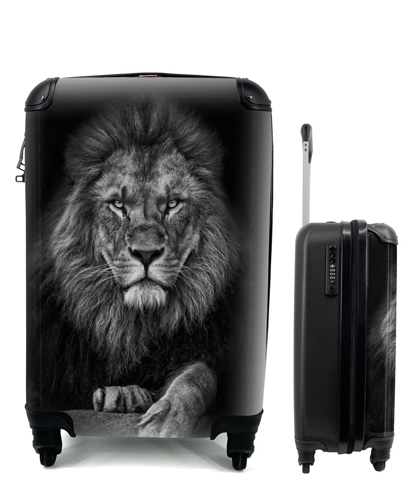 MuchoWow Koffer Handgepäck Trolley Rollkoffer Kleine Reisekoffer mit 4 Rollen - Löwe - Tiere - Schwarz - Weiß - Cabin Size < 55x40x23 cm & 55x...