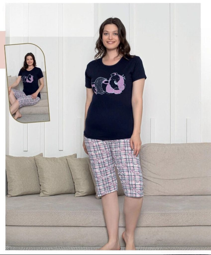 Damen Pyjama Schlafanzug Bermuda Marineblau XXL Shorty Kurz 2-Teiler Set A-65
