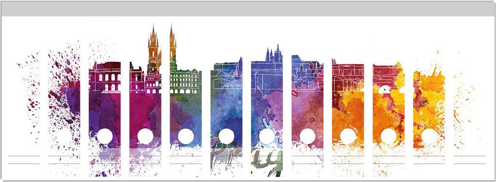 Wallario Ordnerrücken Sticker, selbstklebend für breite Ordner, 12 Stück, Motiv Städte als Aquarell - Skyline von Prag