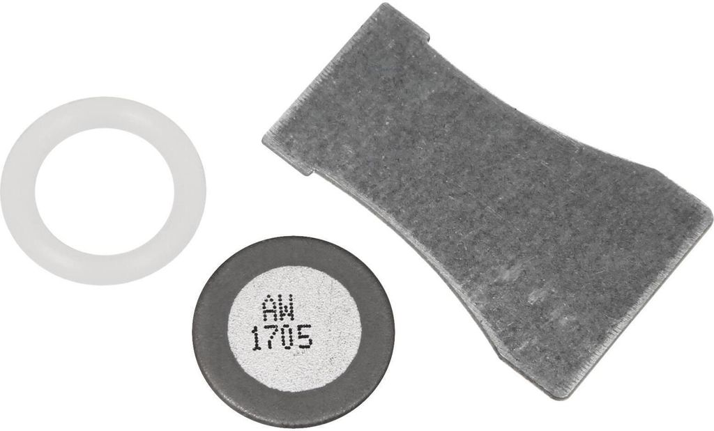 Three small replacement parts for an ultrasonic nebulizer are laid out on a white background.