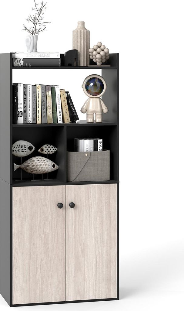 COSTWAY Bücherregal mit Doppeltürschrank, 3-stöckiges Standregal mit offenen Fächern, freistehender Bücherschrank, 60 x 30 x 140 cm (Schwarz)