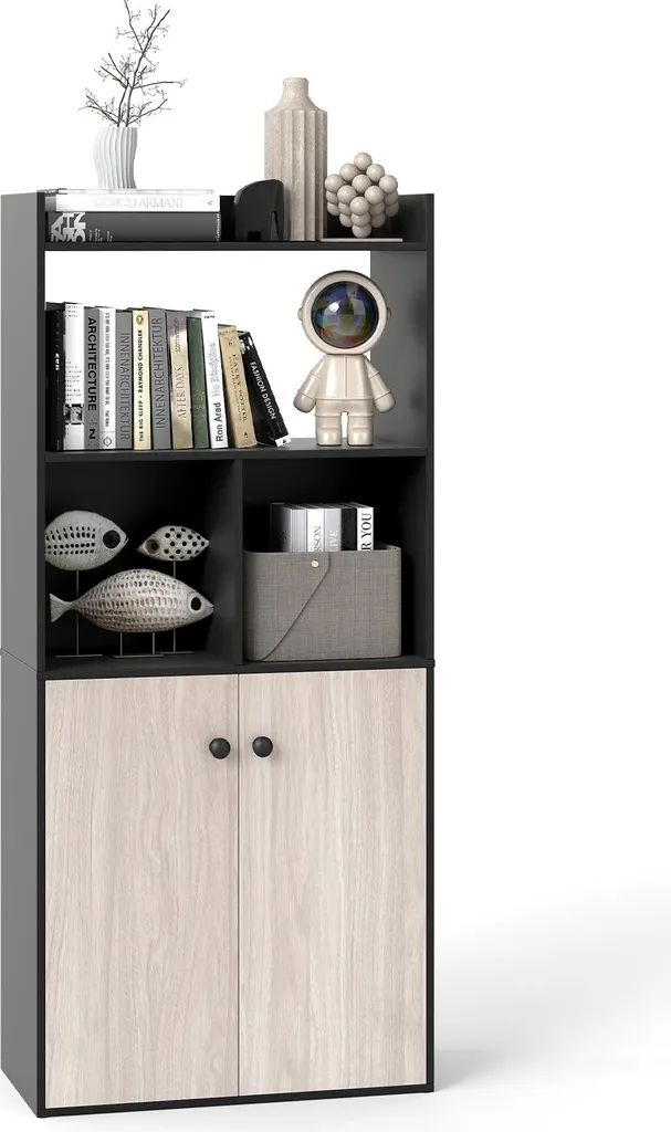 Bibliothèque Noire avec Armoire 2 Portes et 3 Niveaux 60x30x140 cm