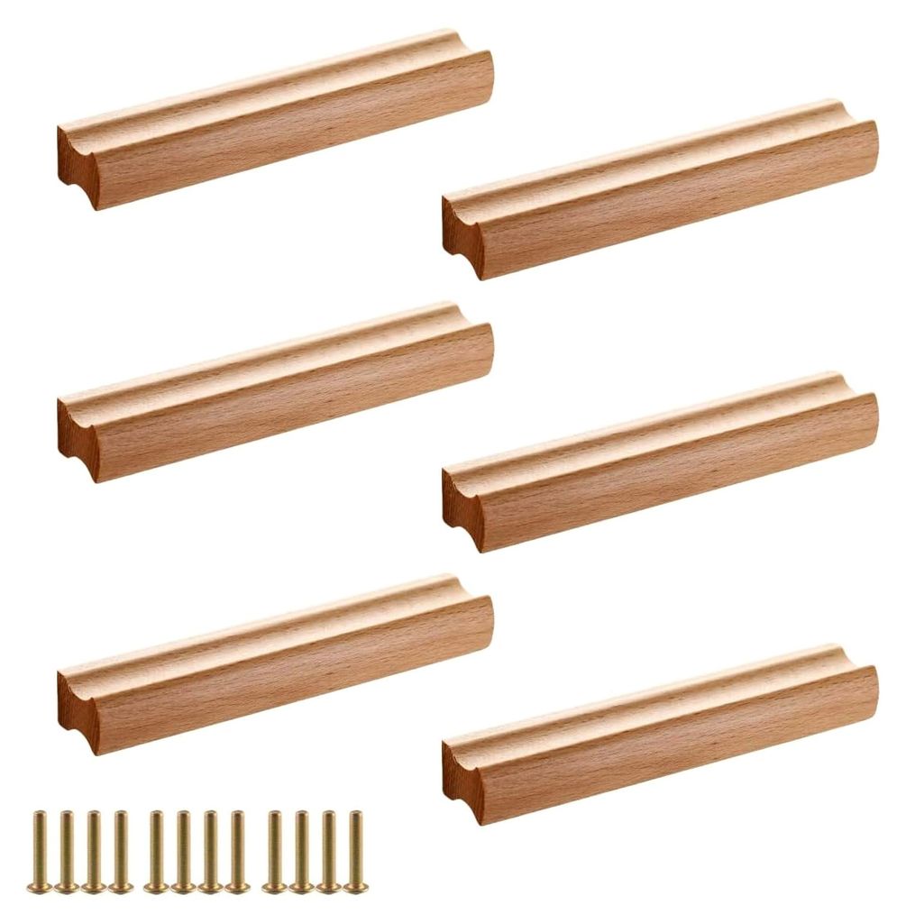 6 Möbelgriffe aus Holz, Schrankgriffe mit Schrauben, Lochabstand 128 mm, geeignet für Schränke, Bäder, Büros und Küchen