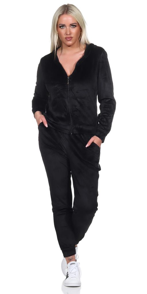 Damen Nicki Freizeitanzug Hausanzug Jogginganzug Nicki-Anzug mit Kapuze; Schwarz/M