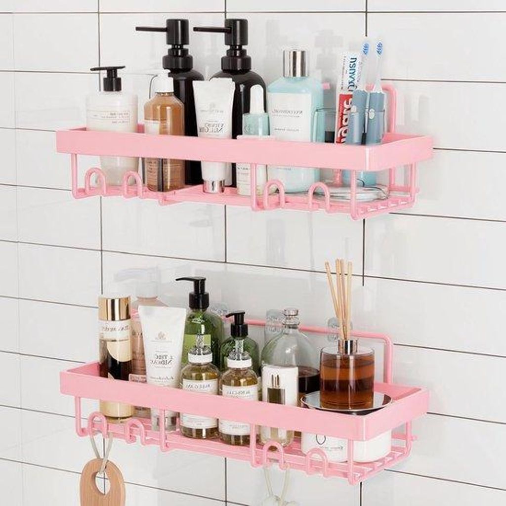 Dusche-Set mit 2 Platten, Haken und Shampoo-Halter, rosa