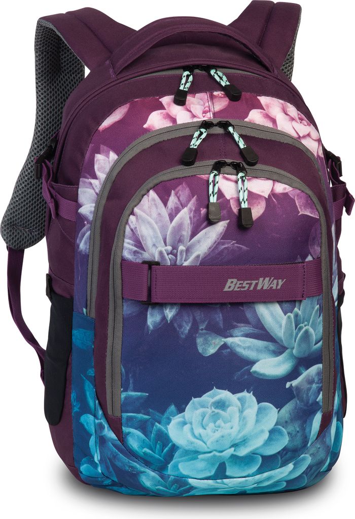 A close-up studio shot of a backpack with a floral pattern.
