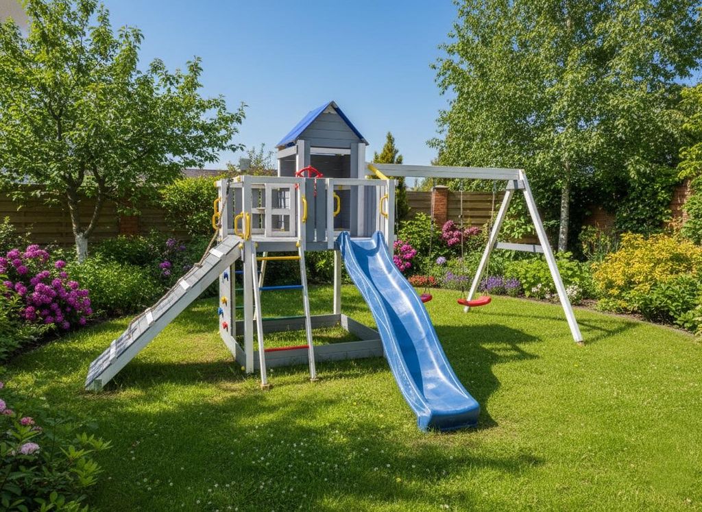 Fungoo Treehouse Grau&Weiss Spielplatz mit Spielhaus, Rutsche, Doppelschaukel, Kletterwand