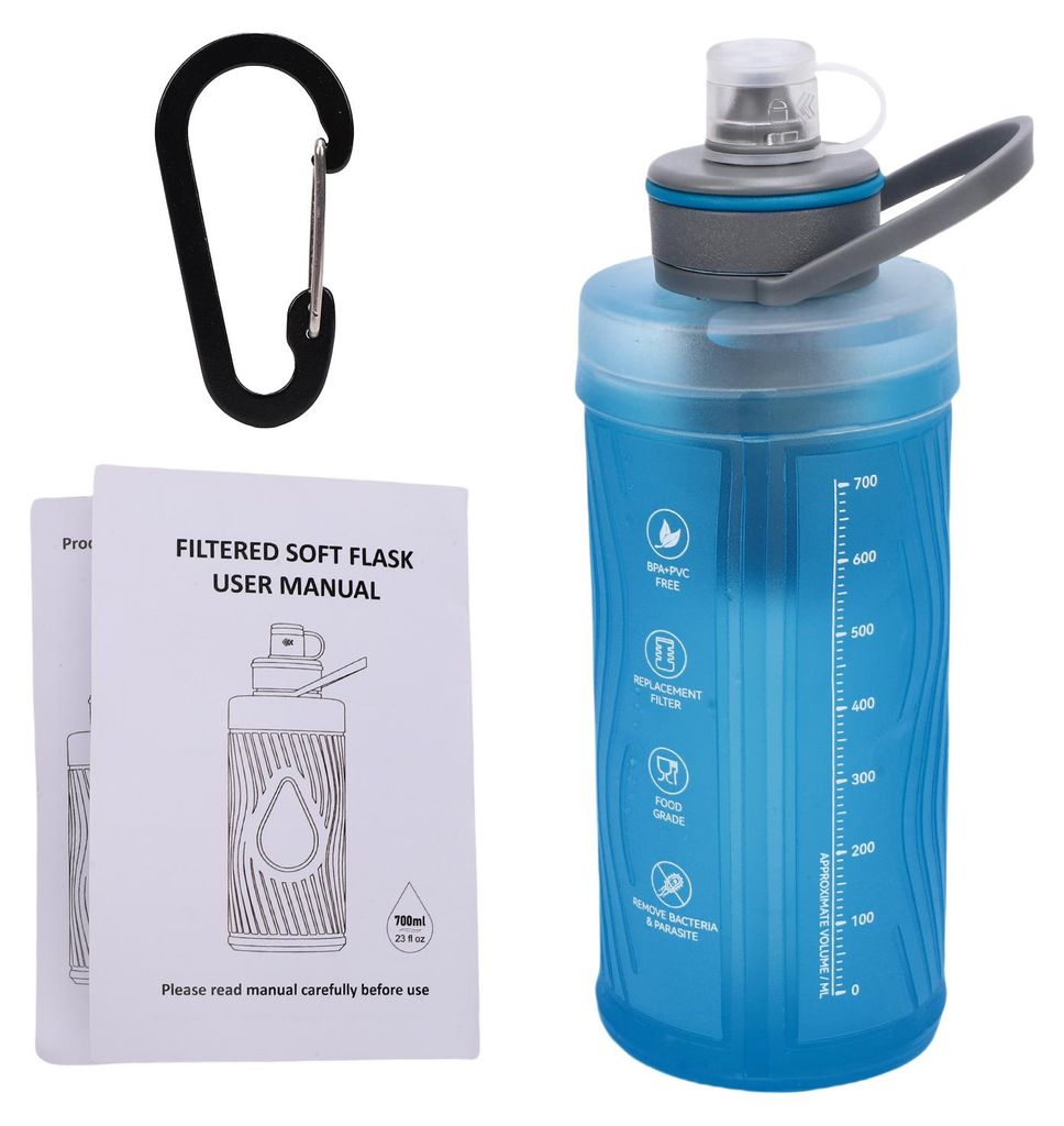 Faltbare Trinkflasche mit Druckmechanismus und Filteranlage für Outdoor-Aktivitäten, 700 ml, blau