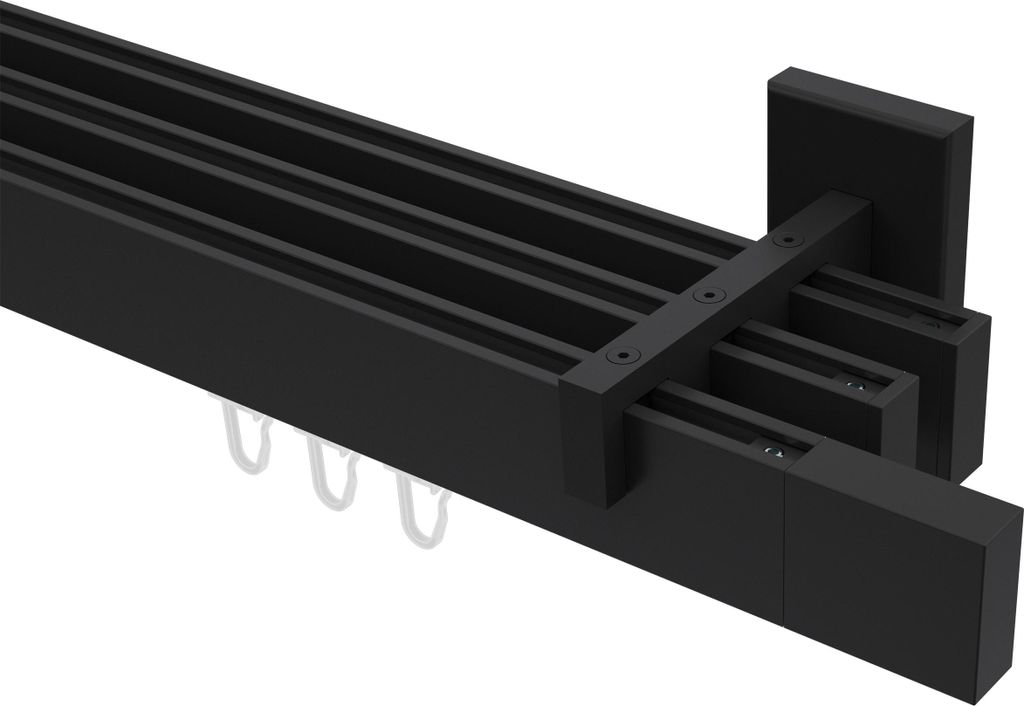 Interdeco Innenlaufstange / Gardinenstange mit Innenlauf Schwarz, Typ Smartline Lox (Quader), 14x35 mm 3-läufig, 520 cm