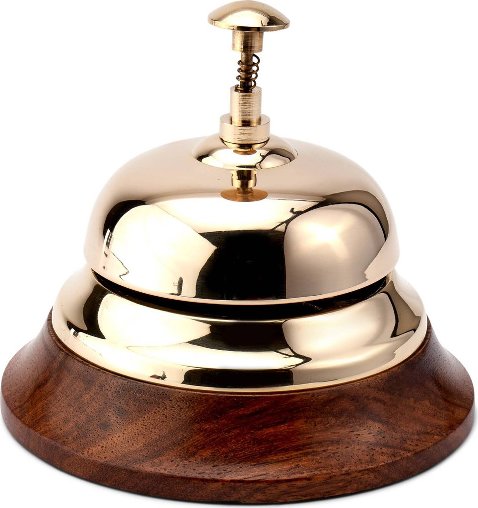 12cm Tresenglocke rund Messing gold massiv mit Holzsockel maritime Serviceglocke