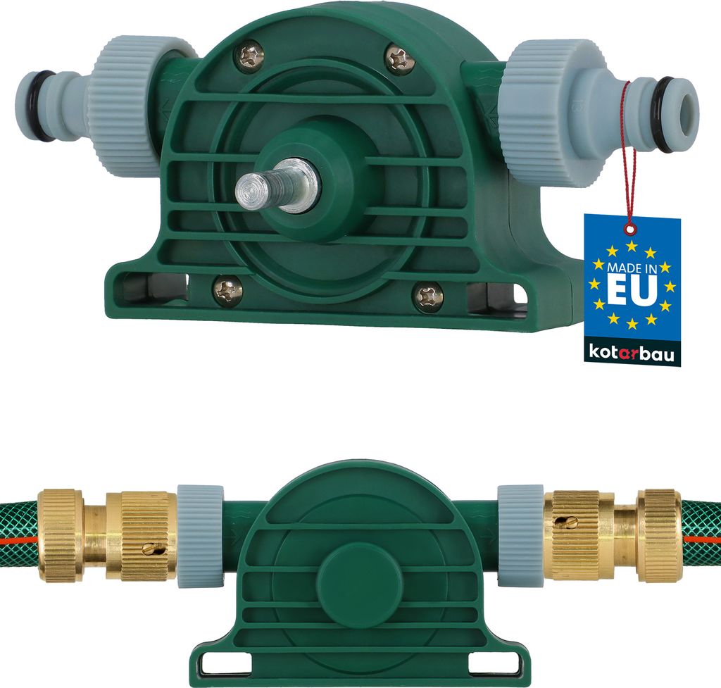 Two views of a green pump designed to attach to a drill, with hose connectors shown.