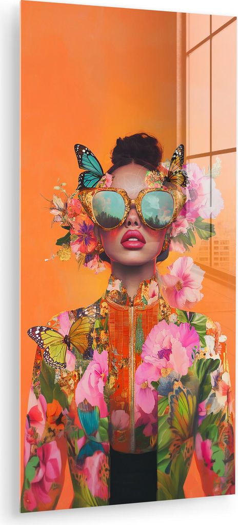 MuchoWow Glasbilder - Bilder auf Wandbild - Foto auf Glas Schmetterlinge - Frau - Sonnenbrille - Bunt 60x120 cm Wanddekoration aus Glas - Acrylglas...