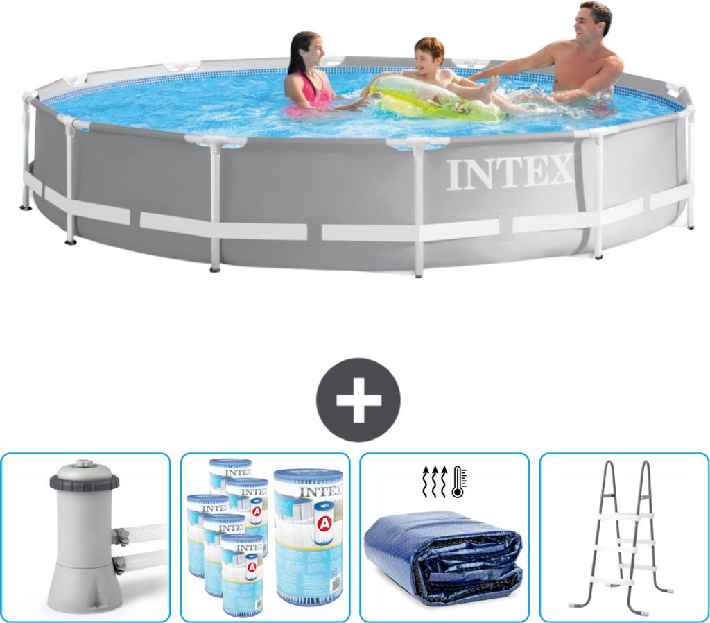 Intex Round Prism Frame Swimming Pool – 366 x 76 cm – Grau – inklusive Pumpe Filter - Sonnensegel - Leiter