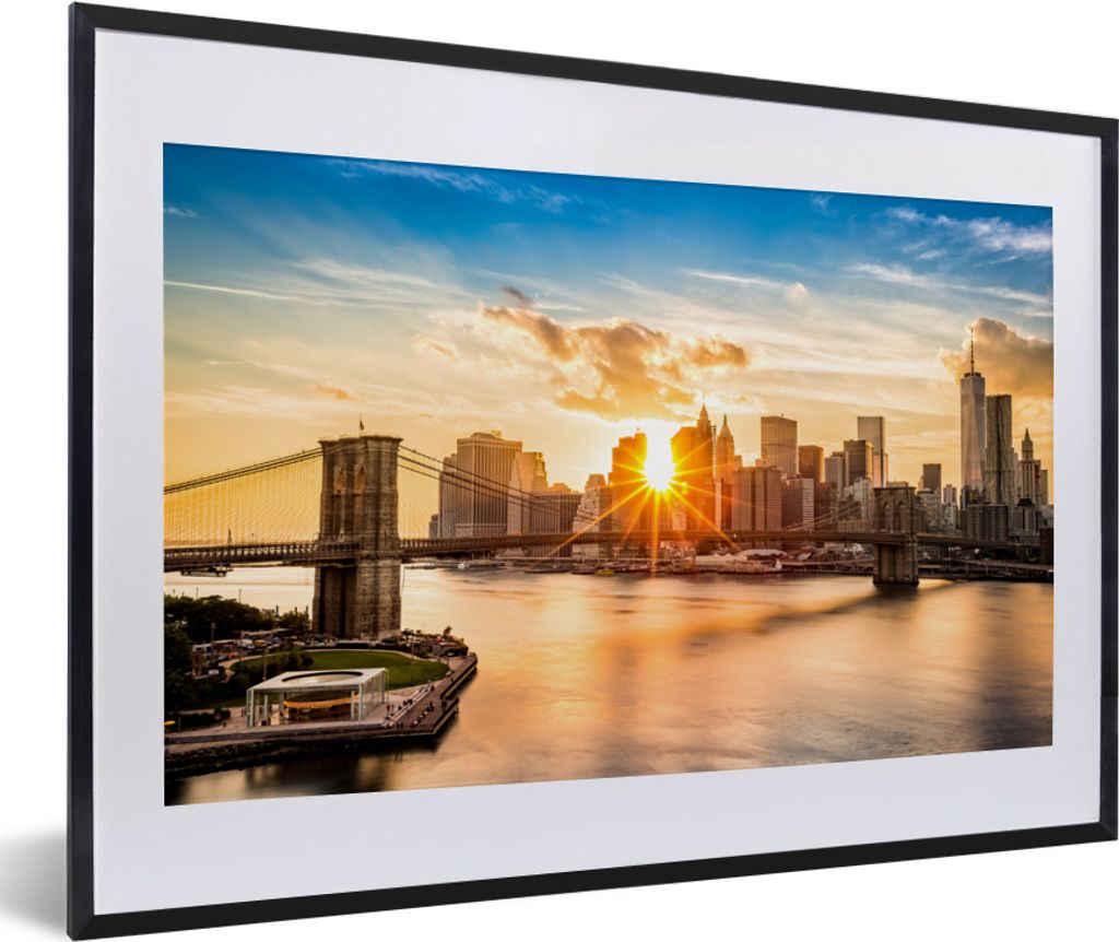 MuchoWow MuchoWow Gerahmtes Poster New York - Brooklyn Bridge - Wasser 60x40 cm - Poster mit zchwarzem Bilderrahmen - Schlafzimmer - Plakat in ...