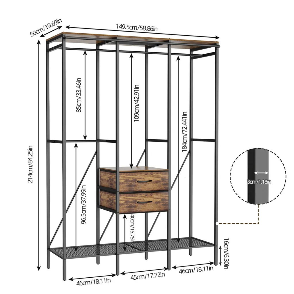 Dressing Ouvert Design Industriel en Métal avec Étagères de Rangement