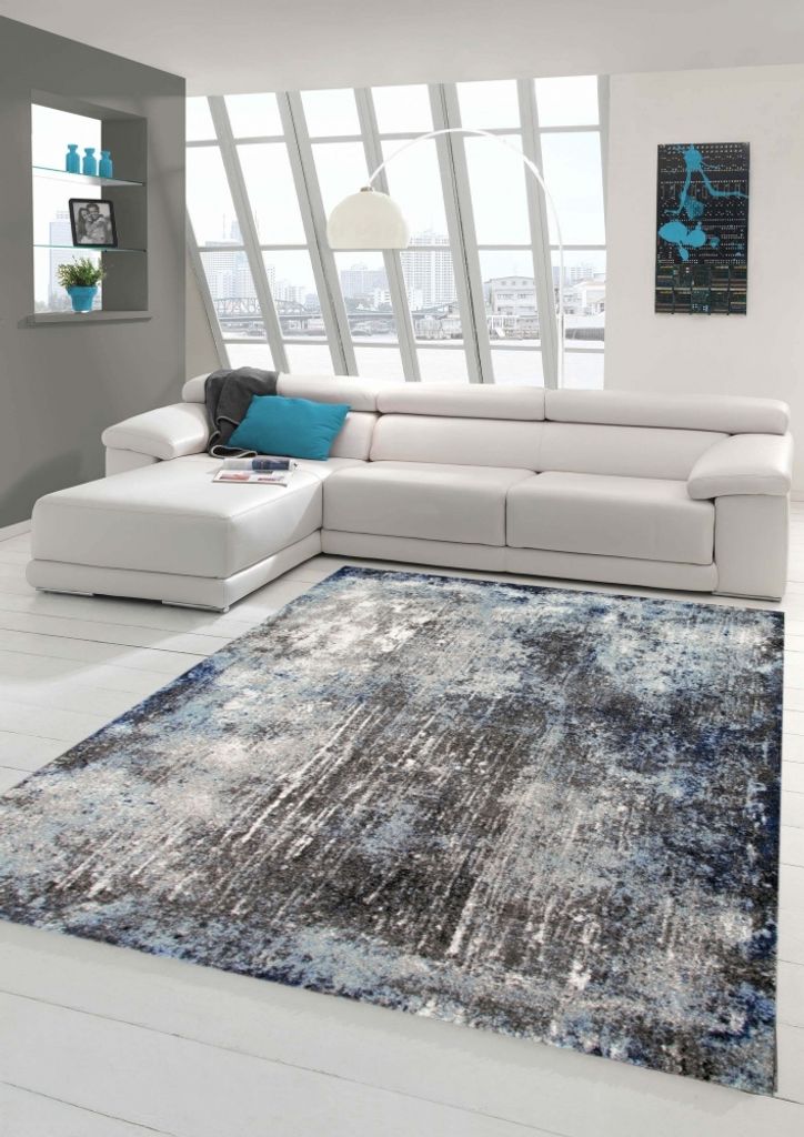 Designer und Moderner Teppich Wohnzimmerteppich in Blau Grau Creme Größe - 120 x 170 cm