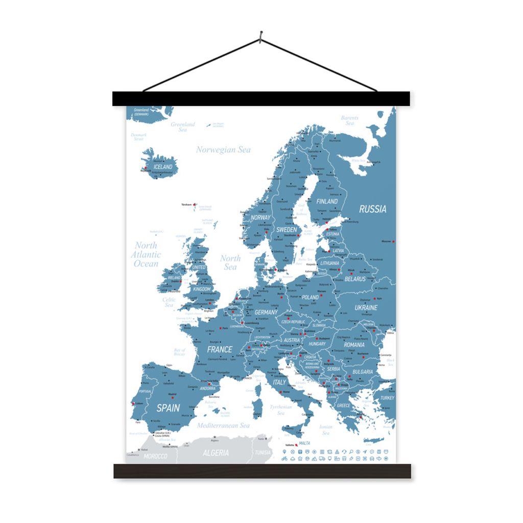 MuchoWow Textilposter Detaillierte Karte von Europa 90x120 cm mit schwarzem Rahmen - Dekoration