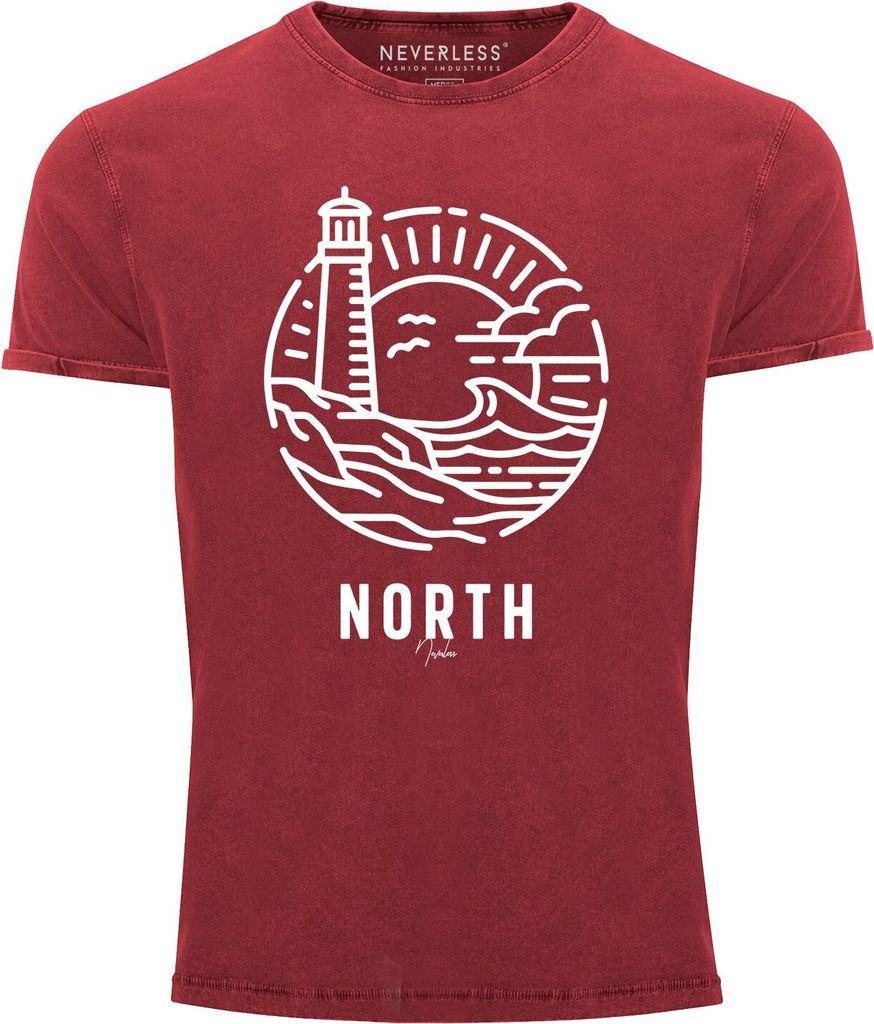 Neverless Herren T-Shirt Vintage Shirt Printshirt Logo Outline Art maritim Leuchtturm Welle Used Look Slim Fit rot XL