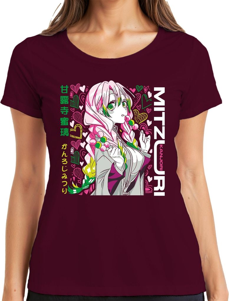 Mitsuri Kanroji Demon Slayer Anime kawaii Herz Pastell Geschenk Damen T-Shirt, Burgundy, S