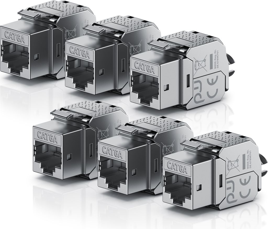 Primewire 6x Netzwerk-Adapter RJ-45 (Ethernet), Buchse zu Netzwerkkabel, CAT.6a Keystone Modul für LAN Kabel, RJ45 Buchse, feldkonfektionierbar